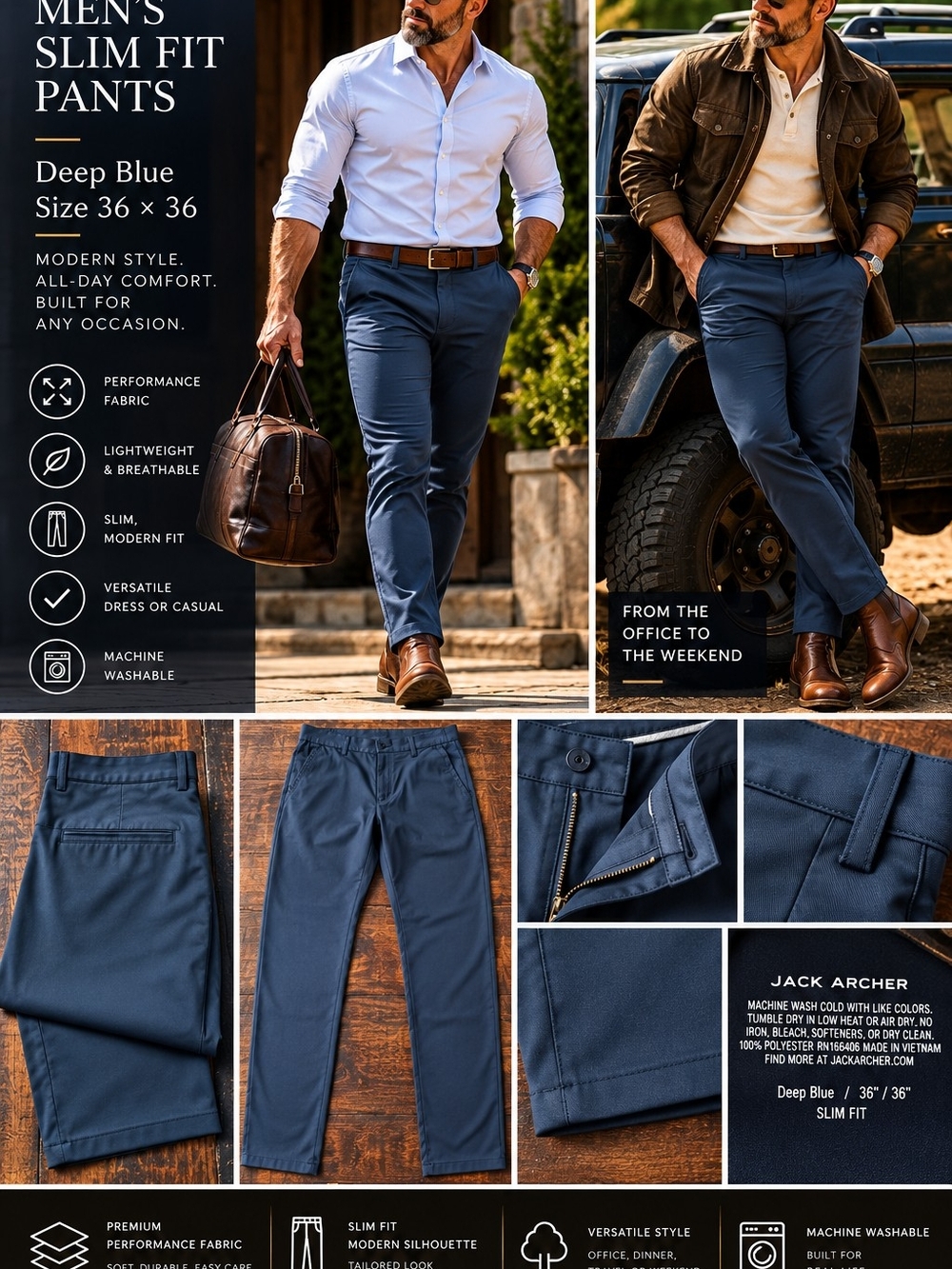 Jack Archer Men’s Slim Fit Performance Pants Deep Blue 36x36